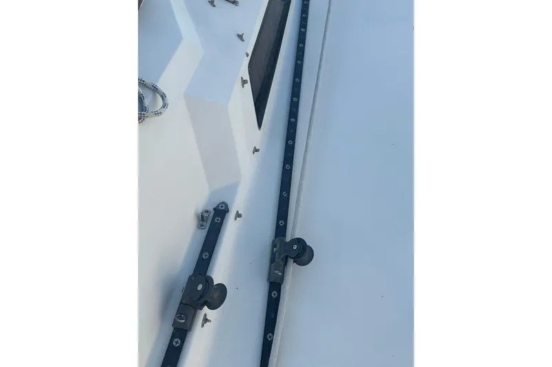 Slide: The Image of Close-up of 1984 C&C 41 sailboat deck with rigging and fittings. - 16