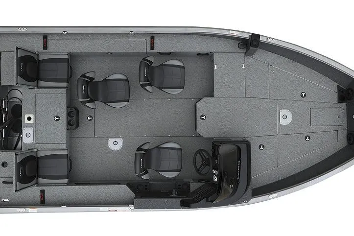 Slide: The Image of 2026 Lund 1875 Impact XS SS boat with outboard motor and ladder on a trailer. - 2