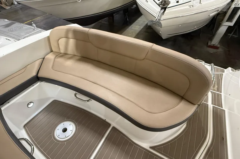 Slide: The Image of Beige interior of 2017 Sea Ray Sundancer 330 with embroidered logo. - 22
