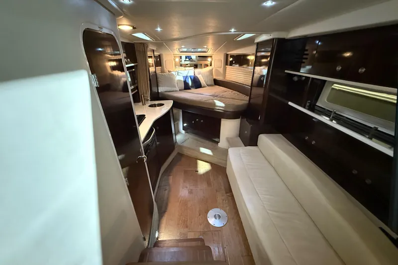 Slide: The Image of Luxurious interior cabin of 2017 Sea Ray Sundancer 330 yacht with cozy bed and sink. - 44