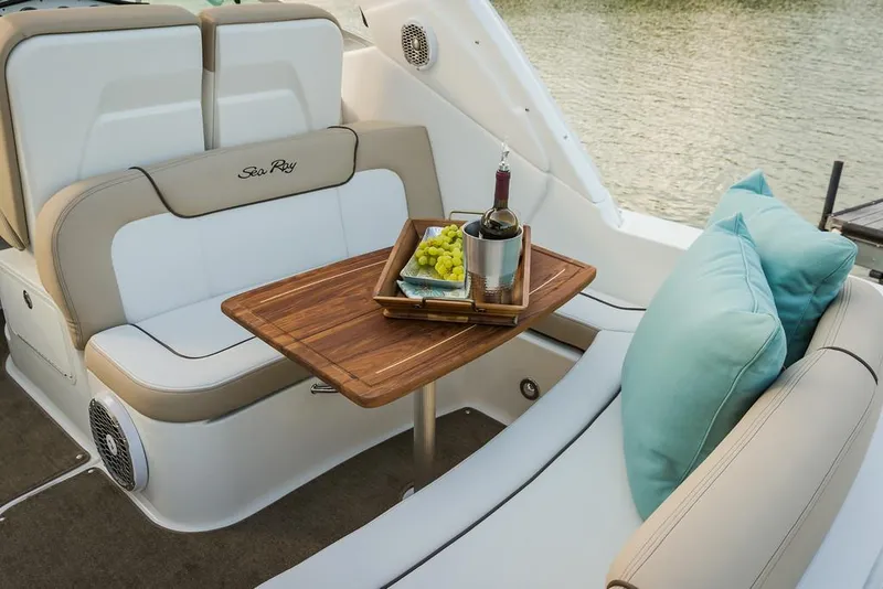 Slide: The Image of Manufacturer Provided Image: Luxury seating area on 2017 Sea Ray Sundancer 330 with wine and grapes. - 89