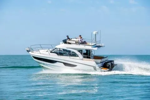 The Image of 2026 Beneteau Antares 11 Fly yacht on open water, aerial view. - 0