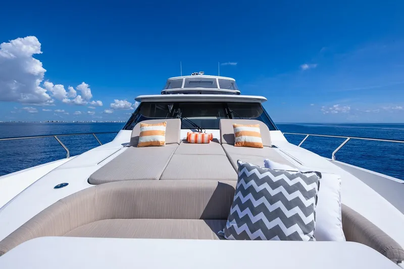 Slide: The Image of Luxurious 2019 Regency P65 yacht deck with cushions, under a clear blue sky. - 6