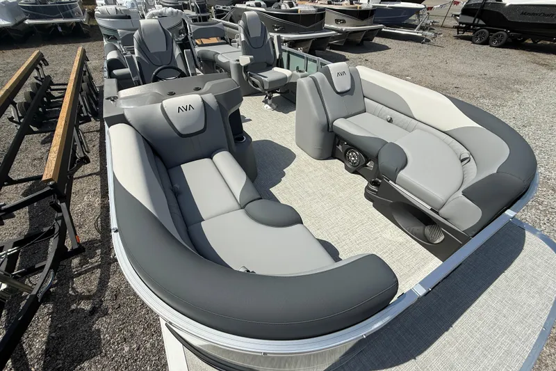 Slide: The Image of 2026 Avalon LSZ Quad Lounger Shift pontoon boat with luxurious gray seating and modern design. - 8