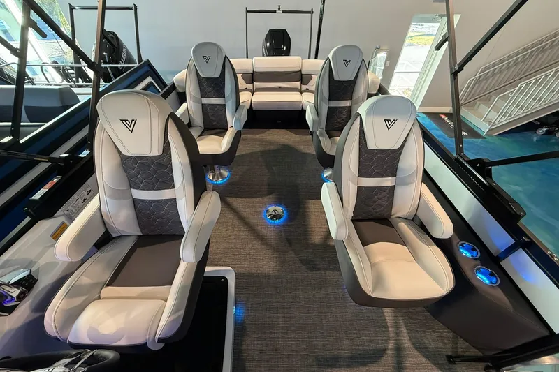 Slide: The Image of Luxurious interior of 2026 Viaggio Diamante Q boat with stylish seating and ambient lighting. - 11