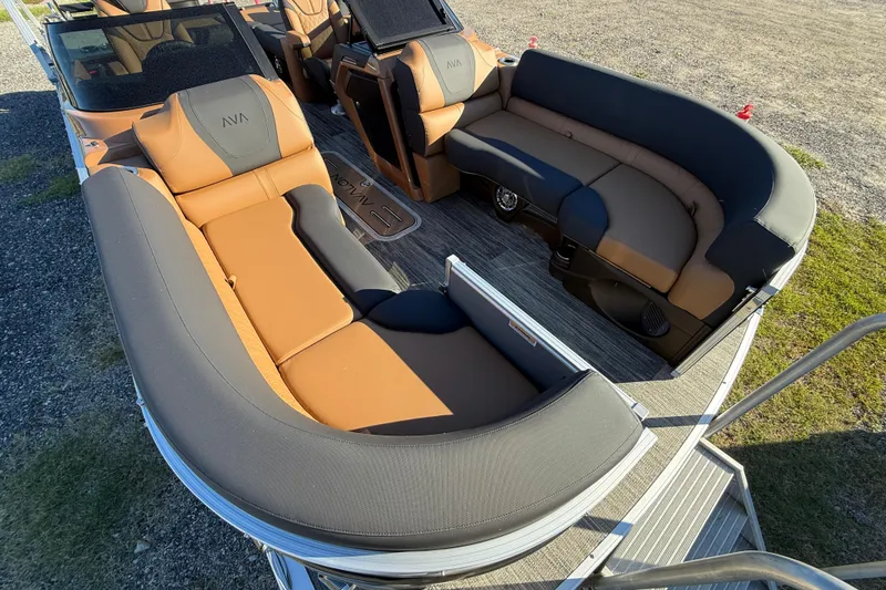 Slide: The Image of 2026 Avalon Catalina Cruise Rear Bench Windshield with luxurious seating on a sunny day. - 16