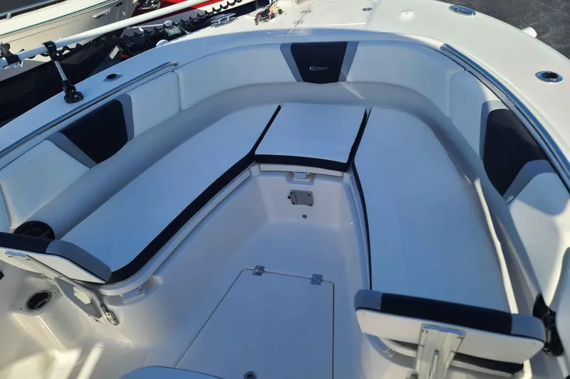 Slide: The Image of 2023 Robalo R270 Center Console boat with spacious seating and sleek design. - 15