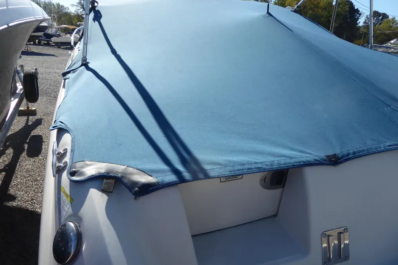 Slide: The Image of 2004 Sea Ray 225 Weekender boat with blue cover in a marina setting. - 18