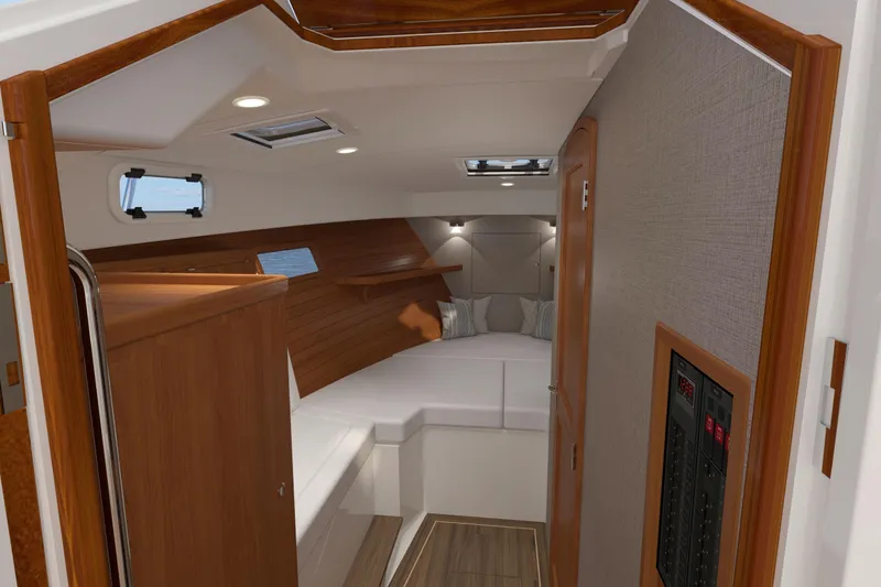 Slide: The Image of Luxurious interior of 2026 MJM 38R yacht with wood accents and cozy seating. - 10