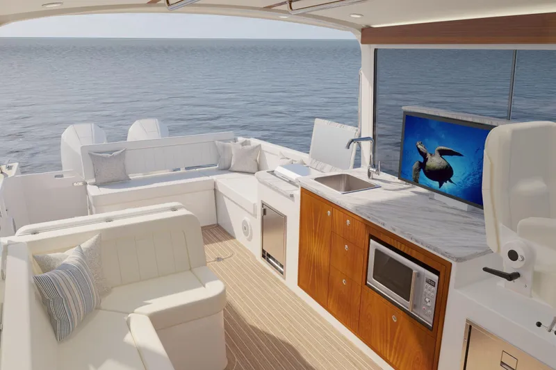 Slide: The Image of Luxurious 2026 MJM 38R yacht interior with modern amenities and ocean view. - 8