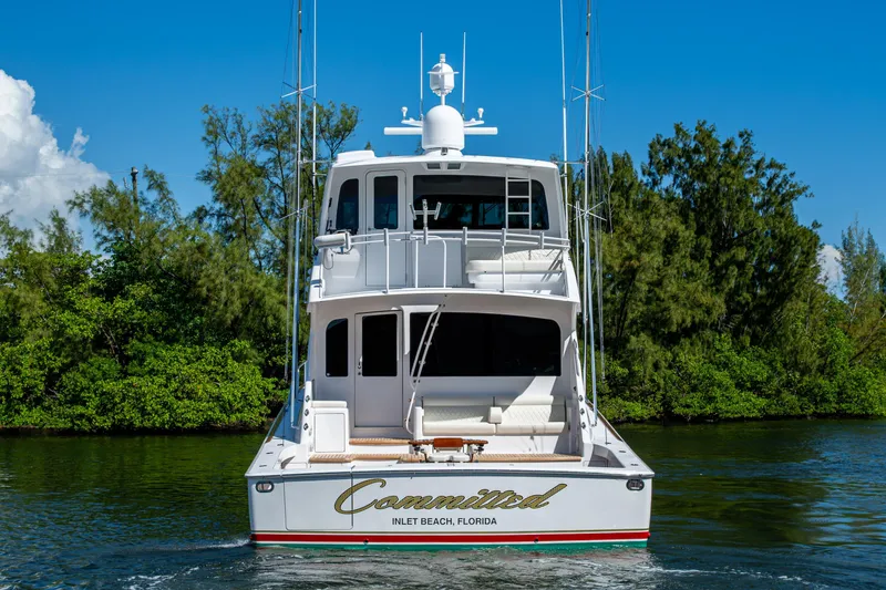 Slide: The Image of 2008 Viking 74 Enclosed Bridge yacht on water, lush greenery background. - 3