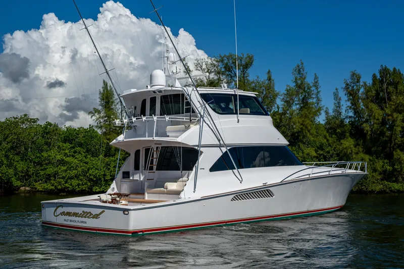 Slide: The Image of 2008 Viking 74 Enclosed Bridge yacht cruising near lush green shoreline. - 4