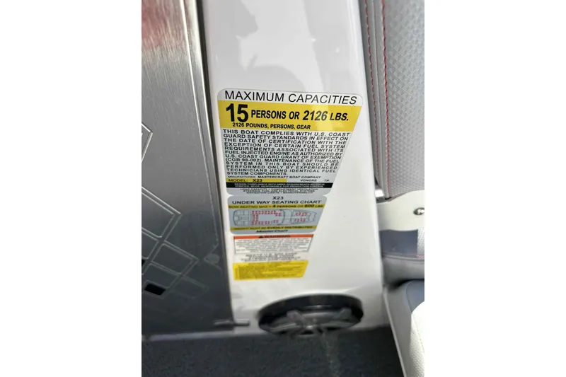 Slide: The Image of 2016 MasterCraft X23 capacity label, maximum 15 persons or 2126 lbs. - 8