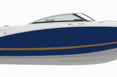 Slide: The Image of 2026 Four Winns HD5 boat on trailer, parked against a green corrugated wall. - 2