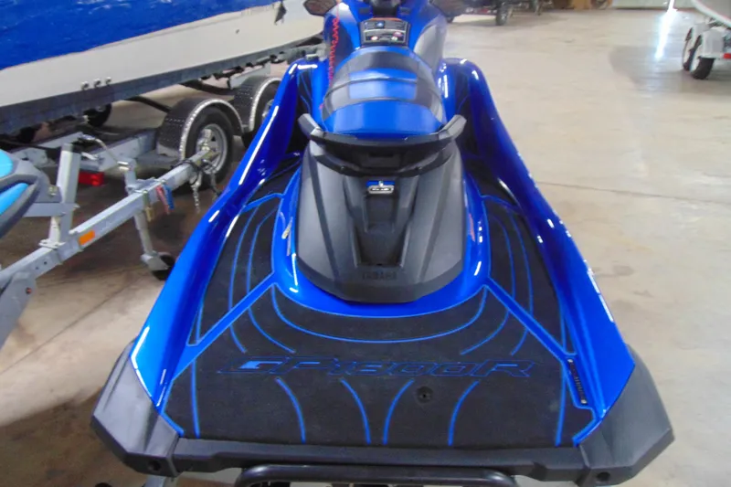 Slide: The Image of 2023 Yamaha WaveRunner GP1800R SVHO in vibrant blue, rear view in a showroom. - 5