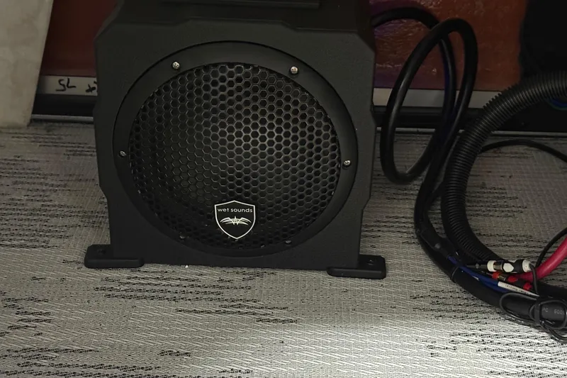 Slide: The Image of Wet Sounds speaker in a 2026 Sylvan L-3 CLZ DH boat, with visible wiring. - 22