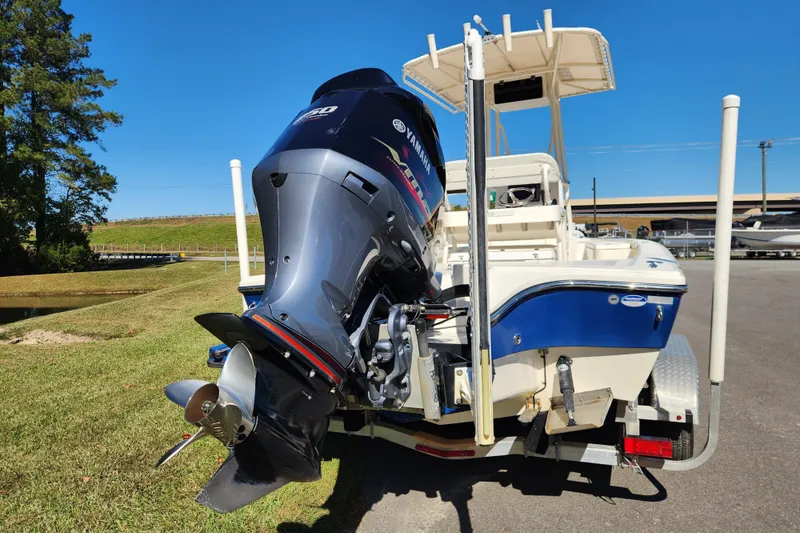 Slide: The Image of 2015 Pathfinder 2300 HPS boat with Yamaha outboard motor on trailer. - 3