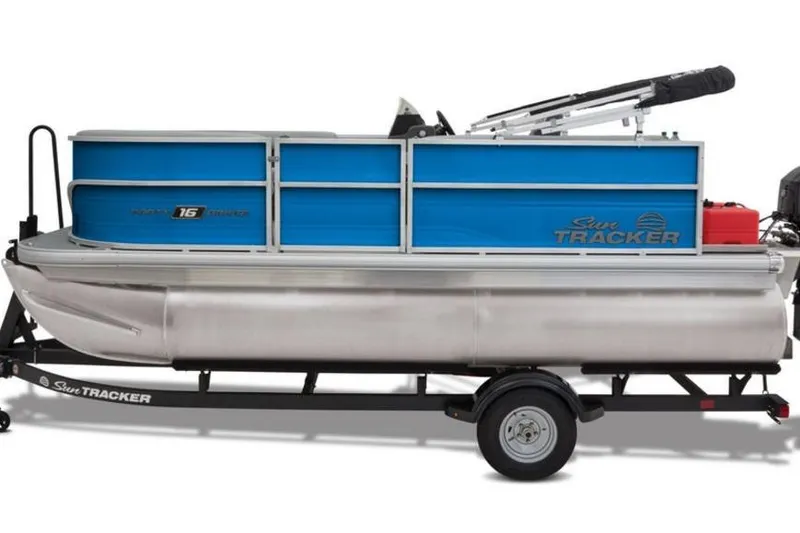 The Image of 2026 Sun Tracker Party Barge 16 DLX pontoon boat on trailer, side view. - 1