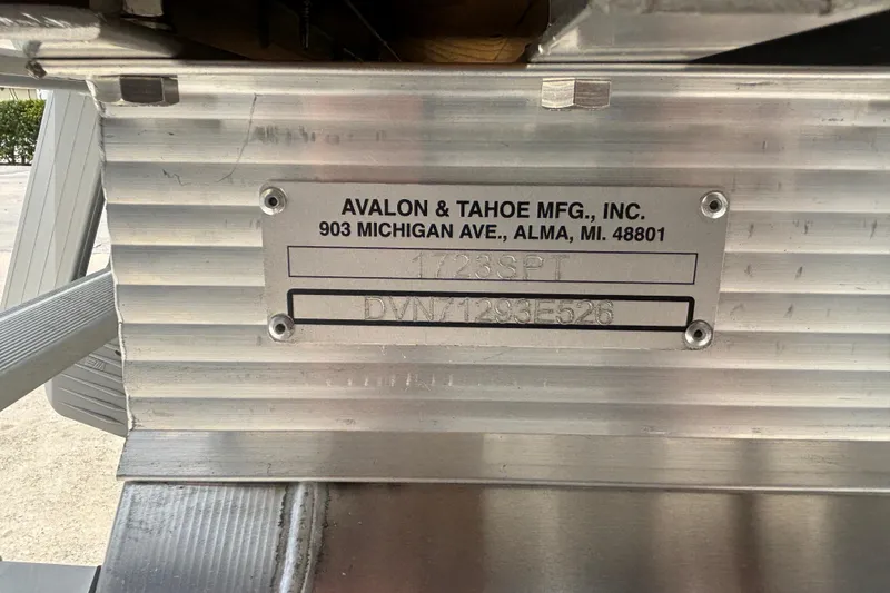 Slide: The Image of Metal plate on a 2026 Tahoe Pontoon 1780, showing manufacturer details and serial numbers. - 10