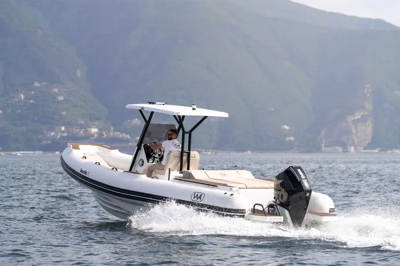 Slide: The Image of 2026 Aqvaboats Luxrib 25 cruising on scenic waters with mountainous backdrop. - 31