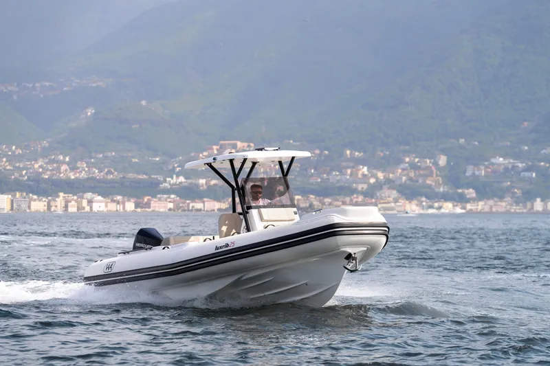 Slide: The Image of 2026 Aqvaboats Luxrib 25 cruising on water with scenic coastal backdrop. - 32