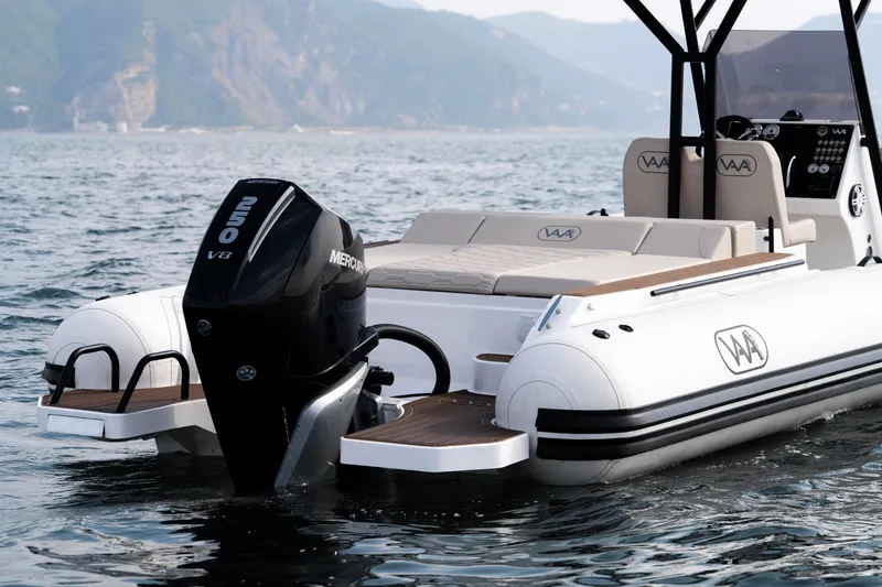 Slide: The Image of 2026 Aqvaboats Luxrib 25 with Mercury V8 engine on scenic water backdrop. - 42