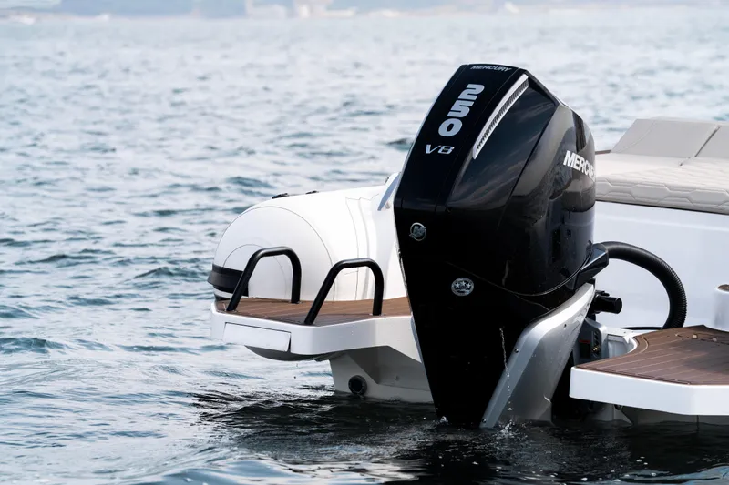 Slide: The Image of Aqvaboats Luxrib 25 (2026) with Mercury 250 V8 engine on water. - 43
