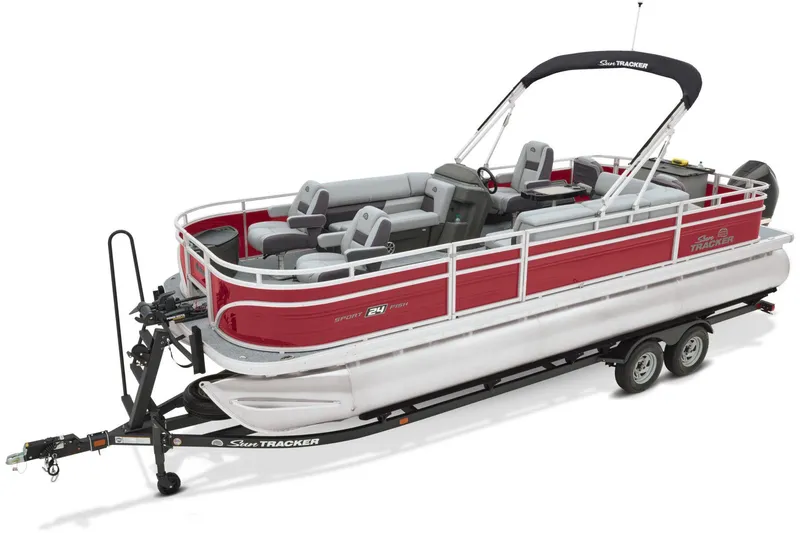 Slide: The Image of Luxurious seating on 2026 Sun Tracker Sportfish 24 XP3 pontoon boat with integrated speakers. - 15