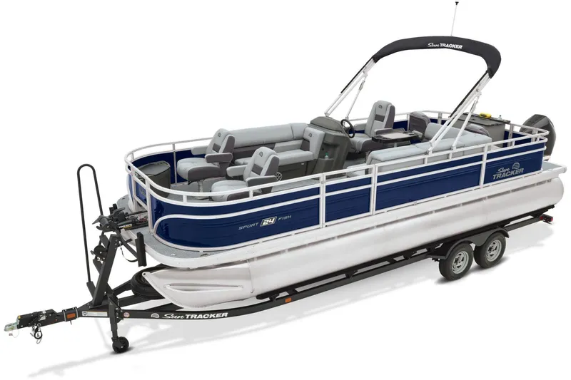 Slide: The Image of 2026 Sun Tracker Sportfish 24 XP3 boat seat, featuring sleek gray upholstery and ergonomic design. - 16