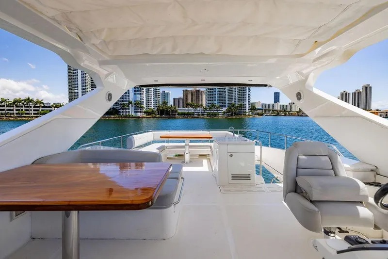 Slide: The Image of Luxurious 2016 Sea Ray L650 Fly yacht with spacious deck and city skyline view. - 52