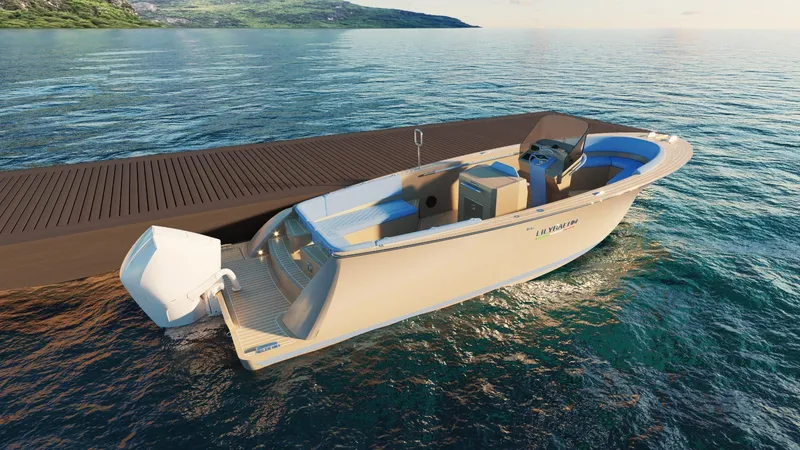 Slide: The Image of 2025 Lilybaeum Levanzo 25 Lounge Deck boat docked on serene water. - 35