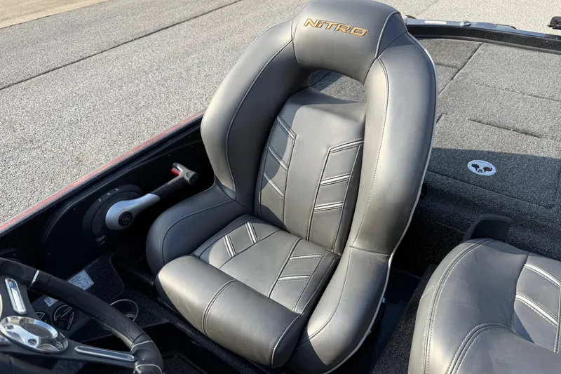Slide: The Image of 2019 Nitro Z21 Pro boat seat with sleek gray upholstery and embroidered logo. - 56