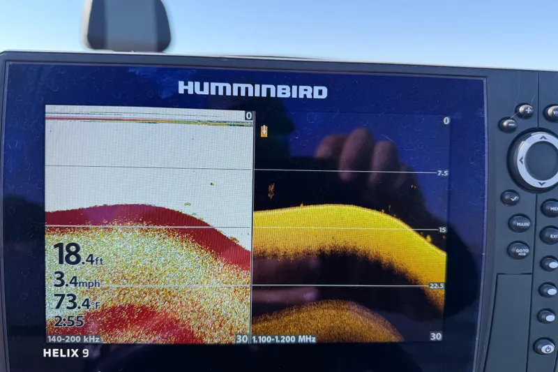 Slide: The Image of Humminbird Helix 9 fish finder display on 2019 Nitro Z21 Pro boat. - 97