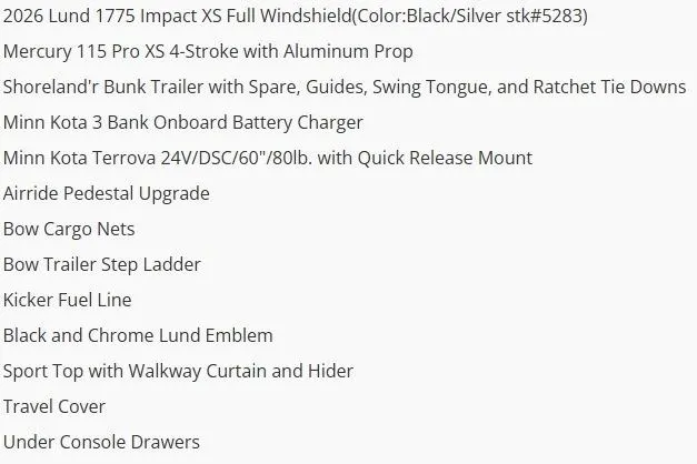 Slide: The Image of 2026 Lund 1775 Impact XS Sport boat features and accessories list. - 4