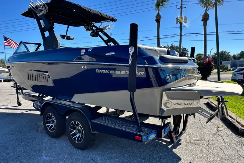 Slide: The Image of 2018 Malibu Wakesetter 23 LSV boat on trailer, blue and white design, parked outdoors. - 3