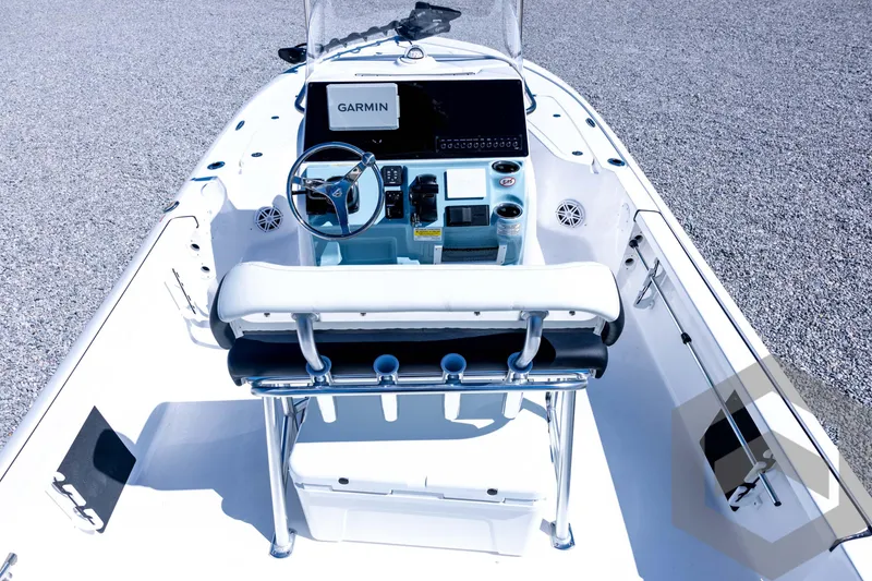 Slide: The Image of 2026 Tidewater 2110 Bay Max boat interior with Garmin navigation system and sleek design. - 32