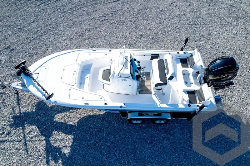 Slide: The Image of 2026 Tidewater 2110 Bay Max boat on trailer, aerial view, parked on gravel. - 81