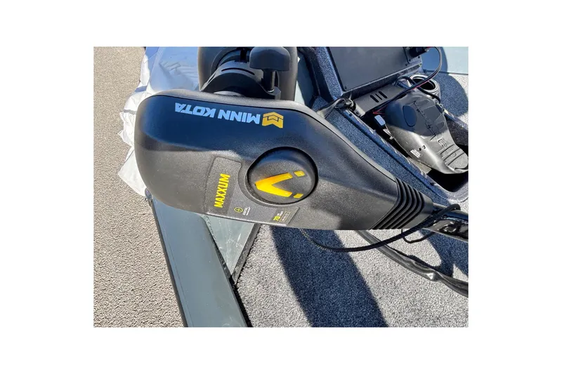 Slide: The Image of Minn Kota Maxxum trolling motor on 2026 Ranger RT198P boat deck. - 2