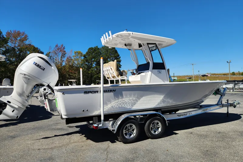 Slide: The Image of 2026 Sportsman Masters 247OE Bay Boat on trailer, featuring Yamaha outboard motor. - 5