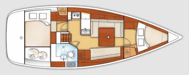 Slide: The Image of Floor plan of a 2013 Beneteau Oceanis 37 sailboat, featuring cabins and living areas. - 16