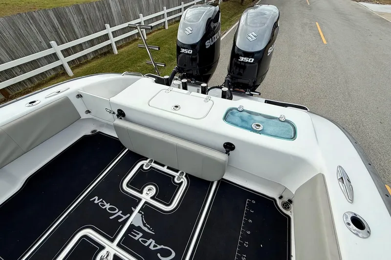 Slide: The Image of 2022 Cape Horn 31 T boat with dual Suzuki 350 outboard engines on a road. - 8