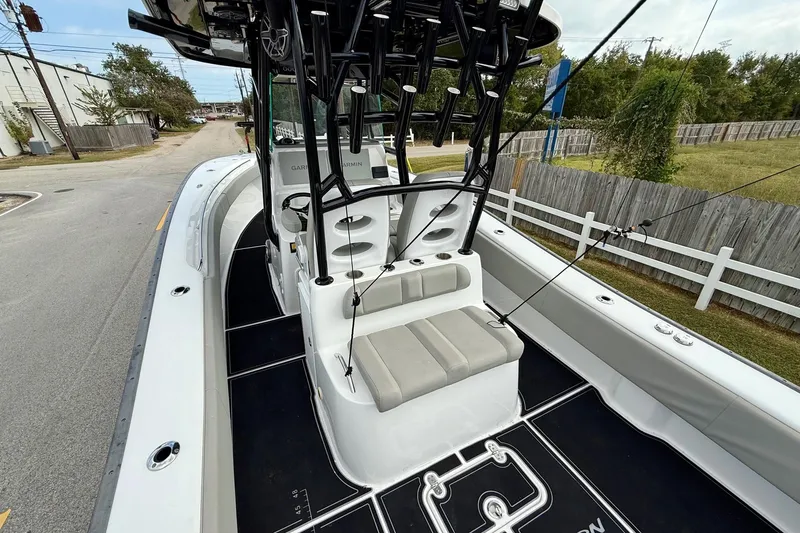 Slide: The Image of 2022 Cape Horn 31 T boat with Suzuki engines on a trailer. - 9