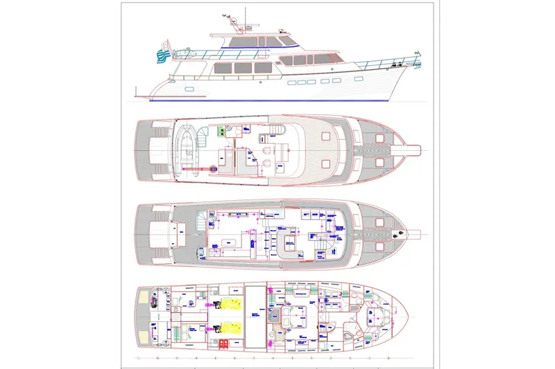 Slide: The Image of Blueprint of 2015 Marlow 66E-CB yacht, showcasing side view and deck layouts. - 56