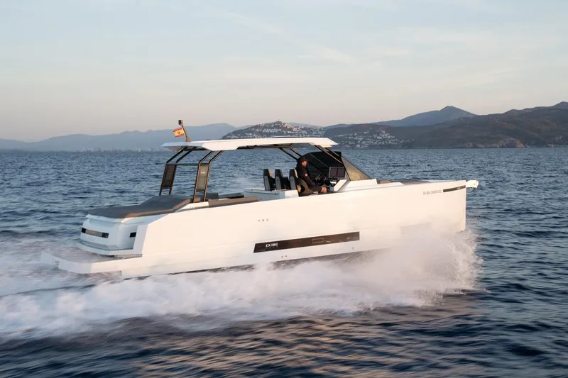The Image of 2026 De Antonio Yachts D36 displayed at a boat show, showcasing sleek design and modern features. - 0