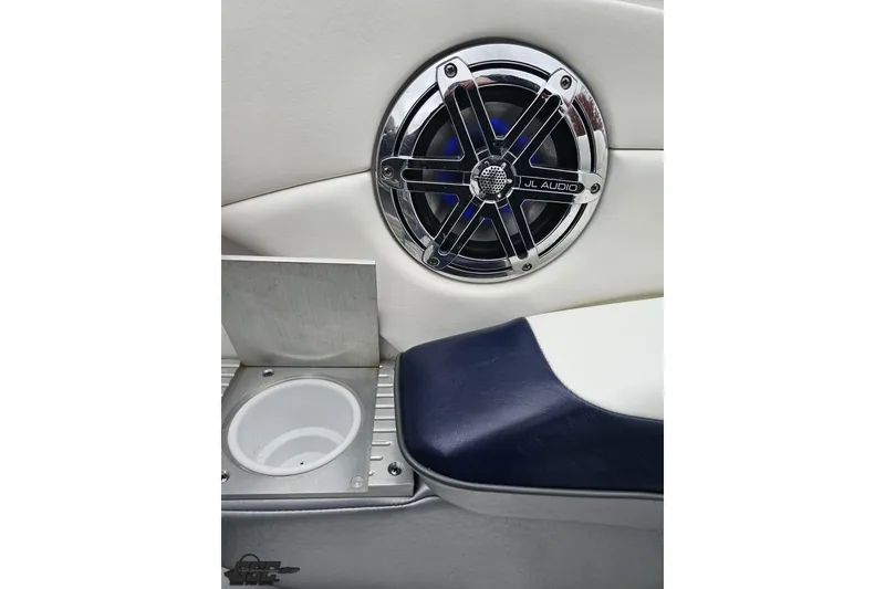 Slide: The Image of Overhead view of 2019 Formula 292 FASTech boat with sleek blue and white design. - 36