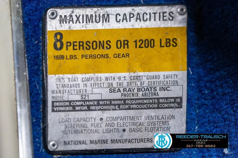 Slide: The Image of 1987 Sea Ray Sorrento 21 capacity plate, maximum 8 persons or 1200 lbs. - 48