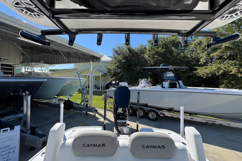 Slide: The Image of 2026 Caymas 26 HB boat in marina, surrounded by other boats and trailers. - 26