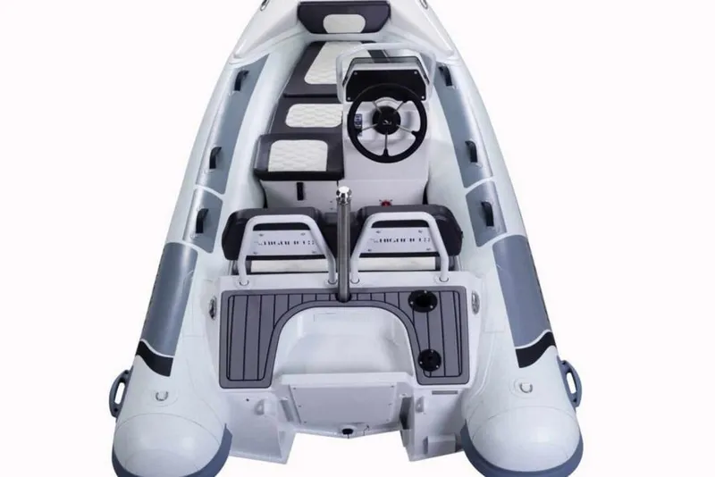 Slide: The Image of 2023 Highfield Sport 360 inflatable boat, top view, featuring sleek design and modern seating. - 6
