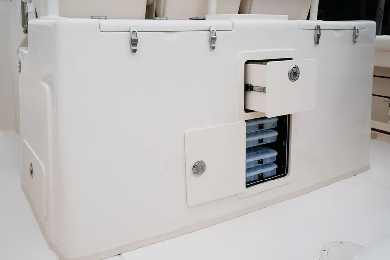 Slide: The Image of 2010 Grady-White Canyon 336 boat with dual Yamaha outboard engines. - 14