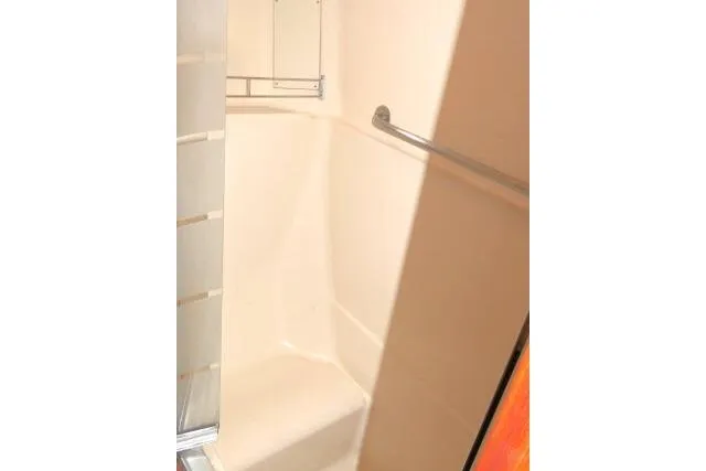 Slide: The Image of Shower area in 1999 Hunter 450 Passage yacht, featuring a compact design with a rail. - 43